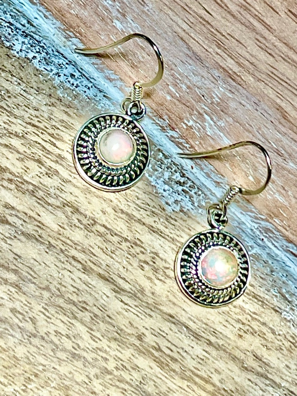 Sterling Silver Round Dangle Earrings with Iridescent Genuine Opal Center
